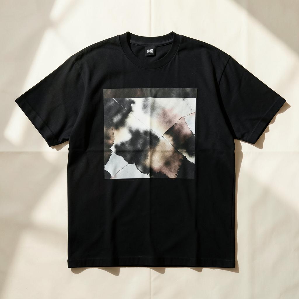 Black oversized graphic tee photographed flat on a warm neutral backdrop