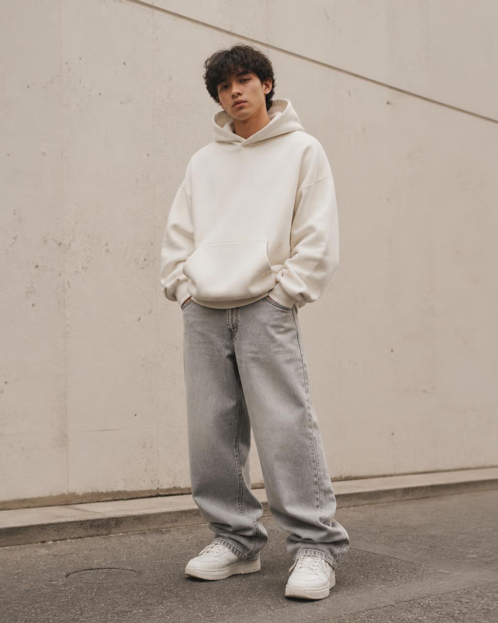 Model wearing an oversized cream hoodie, baggy grey denim and chunky white sneakers
